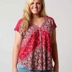 NWT Lucky Brand Bali Ditzy Colorful Red Paisley Printed Henley Short Sleeve Top